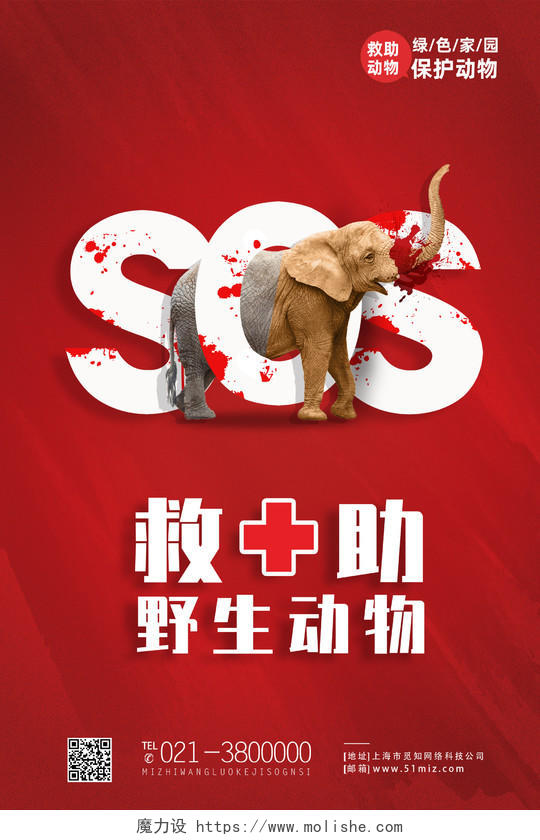 红色简约救助野生动物保护动物海报
